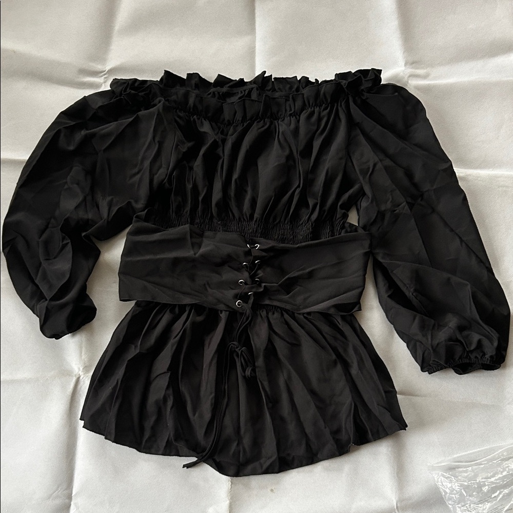 Black Off-Shoulder Peasant Top with Corset Waist